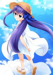 Rule 34 | 10s, 1girl, absurdres, alternate costume, arm behind back, arm up, blue eyes, blue ribbon, blue sky, blush, brown hat, closed mouth, cloud, cloudy sky, commentary request, day, dress, fate/extra, fate/extra ccc, fate (series), floating hair, from above, full body, hair between eyes, hair ribbon, hand on headwear, hat, highres, light smile, long hair, looking at viewer, looking back, looking up, meltryllis (fate), morokoshi (tekku), outdoors, purple hair, reflection, ribbon, ripples, sandals, short dress, sky, sleeveless, sleeveless dress, solo, straw hat, sun hat, walking, walking on liquid, water, white dress, wind, wind lift