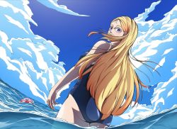 Rule 34 | 1girl, bare arms, blonde hair, blue eyes, blue one-piece swimsuit, cloud, cloudy sky, competition school swimsuit, crossover, highres, initialdkirby, kirby, kirby (series), kofune ushio, long hair, looking at viewer, nintendo, ocean, one-piece swimsuit, outdoors, school swimsuit, self-upload, sky, standing, summertime render, swimsuit, very long hair, water