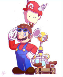 Rule 34 | 1boy, banel springer, blue eyes, brown hair, f.l.u.d.d., facial hair, flying, full body, gloves, hand on own hip, hat, looking at viewer, luma (mario), mario, mario (series), mustache, nintendo, one eye closed, overalls, standing, suitcase, sunglasses, super mario 64, super mario galaxy, super mario sunshine, water, wing cap, wings, wink