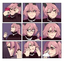 Rule 34 | 1girl, black dress, demon girl, demon horns, dress, expressions, funamusea, gallaxi, horns, jewelry, lil (funamusea), long hair, necklace, pearl necklace, pink hair, red eyes, solo