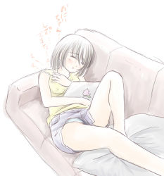 Rule 34 | 1girl, bare legs, black hair, blue panties, blush, computer, couch, female focus, foot out of frame, japanese text, knee up, laptop, lying, on back, on couch, original, panties, panty peek, shirt, short hair, shorts, sidelocks, simple background, sleeping, sleeveless, solo, takapi (chimee house), underwear, upshorts, white background, yellow shirt