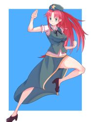 Rule 34 | 1girl, braid, breasts, chinese clothes, fighting stance, green eyes, hair ornament, hat, high heels, hong meiling, leg up, long hair, neck ribbon, red hair, ribbon, shirt, side braid, side slit, skirt, solo, touhou
