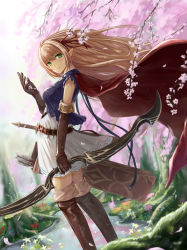 Rule 34 | 1girl, arisa (shadowverse), arrow (projectile), bad id, bad pixiv id, belt, blonde hair, boots, bow (weapon), breasts, brown footwear, brown gloves, cape, cherry blossoms, day, dress, elbow gloves, feet out of frame, flower, forest, from side, gloves, gohei (aoi yuugure), green eyes, hair ribbon, highres, holding, holding bow (weapon), holding weapon, long hair, looking at viewer, medium breasts, nature, outdoors, parted lips, petals, pointy ears, quiver, red cape, ribbon, shadowverse, sheath, sleeveless, sleeveless dress, solo, spring (season), standing, sword, thigh boots, thighhighs, tree, water, weapon, wind