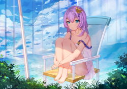 Rule 34 | 1girl, :o, azur lane, barefoot, blue eyes, blue sky, chair, chinese commentary, cloud, collarbone, commentary request, crown, day, dress, expressionless, feet on chair, glass wall, highres, hugging own legs, indoors, javelin (azur lane), knees to chest, light purple hair, looking at viewer, medium hair, mini crown, mixed-language commentary, reflection, reflective floor, sitting, sky, snow (676528662), solo, strap slip, sundress, tile floor, tiles, toenails, topiary