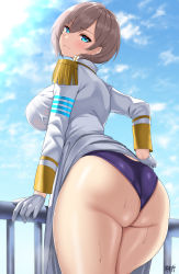 Rule 34 | 1girl, absurdres, ass, blue eyes, blush, breasts, brown hair, from behind, gloves, gridman universe, highres, jacket, kisaragi tsurugi, large breasts, looking at viewer, looking back, military jacket, mujina, outdoors, purple shorts, shiny skin, short hair, shorts, solo, ssss.dynazenon, standing, sweat, thighs, white gloves, white jacket