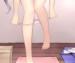 Rule 34 | 10s, 1girl, akebono (kancolle), bare legs, barefoot, box, cardboard box, commentary request, feet, highres, kantai collection, knees together feet apart, lower body, neit ni sei, panties, panty pull, pink panties, purple hair, shiny skin, side ponytail, solo, underwear, undressing, water drop, wooden floor