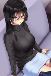 Rule 34 | 1girl, absurdres, arm support, arms at sides, black-framed eyewear, black hair, black sweater, blush, bralines, breasts, clothes pull, couch, denim, feet out of frame, glasses, highres, huyumitsu, indoors, jeans, large breasts, long hair, long sleeves, looking at viewer, on couch, open fly, original, pants, pants pull, parted lips, photoshop (medium), red eyes, ribbed sweater, sitting, solo, straight hair, sweater, taut sweater, textless version, thighs, towel, turtleneck, turtleneck sweater