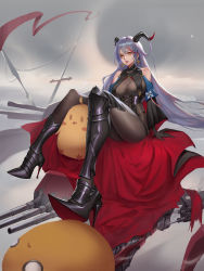 Rule 34 | 1girl, aegir (azur lane), armored boots, artillery, asymmetrical footwear, azur lane, bare shoulders, black cape, black gloves, bodystocking, boots, breast curtains, breasts, cape, cross, cross-laced clothes, cross earrings, demon horns, earrings, eggting, floating, full body, gloves, grey hair, hair between eyes, hair on horn, high heels, highres, horns, iron cross, jewelry, knee boots, large breasts, long hair, looking at viewer, manjuu (azur lane), multicolored hair, red hair, single knee boot, sitting, solo, streaked hair, taut clothes, turret, underbust, uneven footwear, very long hair, yellow eyes