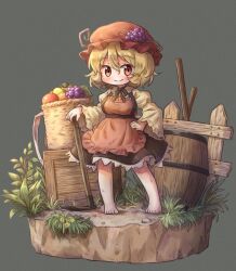 Rule 34 | 1girl, aki minoriko, apple, apron, arinu, barefoot, barrel, basket, blonde hair, blush, breasts, closed mouth, fence, flower, food, frilled sleeves, frills, fruit, fruit hat ornament, full body, grape hat ornament, grapes, grass, hair between eyes, hat, hat ornament, highres, hoe, large breasts, long sleeves, looking at viewer, mob cap, orange (fruit), plant, red apron, red eyes, red hat, rock, shirt, short hair, smile, solo, standing, touhou, wide sleeves, wooden box, wooden fence, yellow flower, yellow shirt
