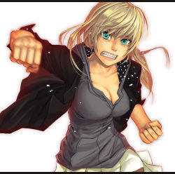 Rule 34 | 1girl, aqua eyes, bad id, bad pixiv id, blonde hair, breasts, cleavage, clenched hand, clenched hands, clenched teeth, foreshortening, large breasts, letterboxed, long hair, motion blur, mustard seeds, original, punching, sleeves rolled up, solo, tears, teeth, yuuji (and)