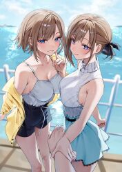 Rule 34 | 2girls, absurdres, black ribbon, blue eyes, blue shorts, blue skirt, blurry, blurry background, blush, breasts, brown hair, camisole, chigusa minori, cleavage, closed mouth, commentary request, futago matomete kanojo ni shinai?, hair ribbon, highres, holding another&#039;s wrist, index finger raised, jacket, large breasts, looking at viewer, multiple girls, ocean, off shoulder, official art, open clothes, open jacket, open mouth, outdoors, pov, pov hands, ribbon, second-party source, shirt, short hair, shorts, siblings, sideboob, sidelocks, skirt, sleeveless, sleeveless shirt, spaghetti strap, twins, usami chikage, usami hikari, white camisole, white shirt, yellow jacket