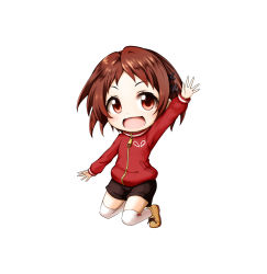 Rule 34 | 10s, 1girl, :d, arm up, black shorts, blush, boots, brown footwear, brown hair, chibi, hair ornament, highres, jacket, kuena, long sleeves, looking at viewer, mizukoshi mio, open mouth, over-kneehighs, parted bangs, red eyes, red jacket, ryuuou no oshigoto!, short hair, short shorts, shorts, simple background, smile, solo, thighhighs, white background, white thighhighs, x hair ornament, zipper pull tab