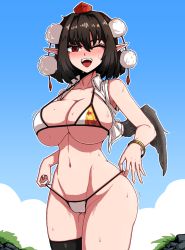 Rule 34 | 1girl, ;d, bad id, bad pixiv id, bikini, black hair, blue background, blue sky, blush, bracelet, breasts, cameltoe, cleavage, commentary request, formicid, gradient background, hair ornament, hat, highres, jaggy lines, jewelry, korean commentary, looking at viewer, medium hair, micro bikini, mole, mole on breast, mole under eye, navel, one eye closed, open mouth, outdoors, pointy ears, red eyes, red hat, shameimaru aya, single thighhigh, sky, smile, solo, sweat, swimsuit, tears, teeth, thighhighs, touhou, vest, wings