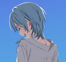 Rule 34 | 1girl, blue background, blue hair, closed eyes, collared shirt, commentary, from behind, hololive, hoshimachi suisei, medium hair, open mouth, shirt, smile, solo, upper body, virtual youtuber, white shirt, wolf cut, zhr100