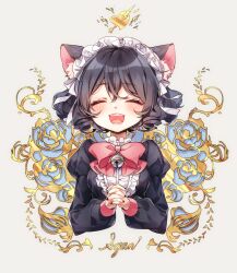 Rule 34 | 1girl, animal ear fluff, animal ears, bell, black hair, blush, bow, cat ears, character name, closed eyes, cursive, cyan (show by rock!!), eyelashes, fangs, highres, juliet sleeves, long sleeves, maid headdress, nail polish, open mouth, own hands together, pink bow, puffy sleeves, shimogu, short hair, show by rock!!, simple background, solo