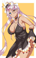 Rule 34 | 1girl, azur lane, between breasts, black choker, black dress, blue eyes, bow, breasts, choker, cleavage, closed mouth, clothes lift, collarbone, commentary request, dark-skinned female, dark skin, dress, dress lift, facial mark, hair between eyes, hair bow, hat, heterochromia, highres, indianapolis (azur lane), indianapolis (the light of circle city) (azur lane), jewelry, large breasts, lifted by self, long hair, looking at viewer, olly (ollycrescent), pendant, solo, tattoo, thighs, twintails, two-tone background, white background, white bow, white hair, yellow background, yellow eyes