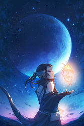 Rule 34 | 1girl, absurdres, bare shoulders, black gloves, circlet, closed mouth, commentary, commission, dragon girl, dragon tail, eyelashes, fingerless gloves, forehead, full moon, gloves, glowing, hand up, highres, kenzo 093, long sleeves, moon, mountain, night, night sky, official art, original, outdoors, pointy nose, purple eyes, scenery, skeb commission, sky, smile, solo, sparkle, star (sky), starry sky, tail, tail raised, upper body