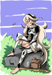 Rule 34 | 1girl, armor, armored dress, barefoot, blonde hair, bug, cloud, corrin (female) (fire emblem), corrin (fire emblem), day, dragonfly, fire emblem, fire emblem fates, grass, hair between eyes, hairband, hands on thighs, insect, long hair, nintendo, purple sky, red eyes, rock, setz, simple background, sitting, sky, solo, sword, very long hair, weapon