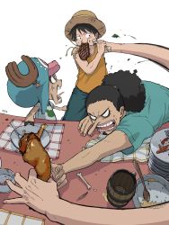 Rule 34 | afro, angry, black hair, chicken (food), eating, food, food theft, hat, highres, male focus, monkey d. luffy, one piece, outstretched arm, plate, plate stack, short sleeves, sleeveless, straw hat, tony tony chopper, ufkqz, usopp, white background