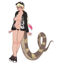 10tile 1girl areola_slip baseball_cap black_footwear black_hat black_hoodie black_panties blonde_hair blonde_pubic_hair blush breasts commentary earrings female_pubic_hair forked_tongue full_body gradient_hair hat highres hood hood_down hoodie hoop_earrings jewelry kemono_friends kemono_friends_3 king_cobra_(kemono_friends) lizard_tail long_hair long_sleeves looking_at_viewer medium_breasts multicolored_hair navel navel_piercing no_bra no_pants open_clothes open_hoodie open_mouth panties piercing pink_hair pubic_hair pubic_hair_peek shoes simple_background sneakers solo symbol-only_commentary tail tongue underwear white_background