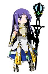 Rule 34 | 1girl, armor, armored boots, armored dress, belt, blue dress, boots, breastplate, buckle, crossover, crown, dress, etrian odyssey, full body, gem, hinata yukari, long hair, princess (sekaiju), puffy short sleeves, puffy sleeves, purple eyes, purple hair, short sleeves, simple background, smile, wand, watage (lucky yyg), white background, yuyushiki