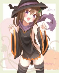 Rule 34 | 1girl, :d, absurdres, bandaged arm, bandaged leg, bandages, black dress, black hat, black sleeves, blush, brown hair, commentary request, detached sleeves, dress, fang, green background, hair between eyes, hair ornament, hat, head tilt, highres, jack-o&#039;-lantern, leaf hair ornament, long hair, long sleeves, looking at viewer, non (wednesday-classic), open mouth, original, purple eyes, purple scarf, scarf, sleeveless, sleeveless dress, smile, solo, tabard, torn clothes, torn scarf, two-tone background, very long hair, white background, wide sleeves, witch hat