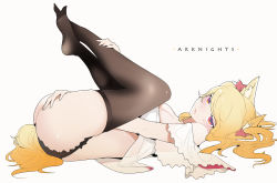 Rule 34 | 1girl, animal ears, arknights, ass, between legs, black panties, black pantyhose, blonde hair, blush, bow, breasts, copyright name, dress, frilled panties, frills, hair bow, hair ribbon, half-closed eyes, hand between legs, hand on own ass, hand on own leg, highres, knees up, looking at viewer, lying, medium breasts, on back, open mouth, panties, pantyhose, red bow, red eyes, red ribbon, ribbon, shinnasuka025, simple background, solo, sora (arknights), tail, twintails, underwear, white background, white dress, wolf ears, wolf tail