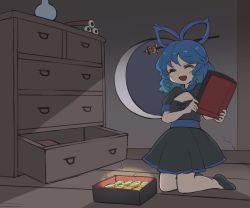 Rule 34 | 1girl, :d, alternate color, black footwear, blue dress, blue hair, closed eyes, coin, drawer, dress, drill hair, full body, glowing, gold, hair ornament, hair rings, hair stick, happy, hole in wall, indoors, itatatata, kaku seiga, kneeling, koban (gold), light, night, open mouth, puffy short sleeves, puffy sleeves, short sleeves, smile, solo, theft, touhou, vest, white legwear