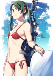 Rule 34 | 10s, 1girl, betti (maron), bikini, blue sky, breasts, cleavage, cloud, day, green eyes, green hair, highres, kantai collection, long hair, matching hair/eyes, medium breasts, mikuma (kancolle), red bikini, sky, smile, solo, standing, swimsuit, thighhighs, twintails