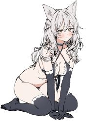 Rule 34 | 1girl, absurdres, ameyame, animal ears, arm support, bikini, black gloves, black thighhighs, blush, breasts, cat ears, choker, commission, criss-cross halter, elbow gloves, expressionless, front-tie top, full body, gloves, grey hair, halterneck, highres, leaning forward, long hair, looking at viewer, medium breasts, navel, original, second-party source, sitting, sketch, solo, swimsuit, thighhighs, wariza, wavy hair