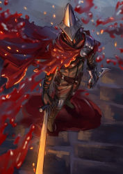 Rule 34 | 1boy, absurdres, abyss watcher, blood, cape, commentary request, dagger, dark souls (series), dark souls iii, dual wielding, from above, full body, helmet, highres, holding, knife, male focus, shrimp cc, sketch, solo, sword, weapon