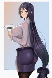 Rule 34 | 1girl, alternate costume, artist name, ass, black eyes, black hair, black pantyhose, black skirt, blue background, blue eyes, blush, border, breasts, clenched teeth, cowboy shot, curvy, fate/grand order, fate (series), gradient background, grey shirt, hair between eyes, highres, holding, holding paper, huge ass, huge breasts, impossible clothes, long hair, long sleeves, looking at viewer, looking back, low ponytail, minamoto no raikou (fate), noiretox, office lady, orange background, outside border, pantyhose, paper, shirt, shirt tucked in, skin tight, skirt, smile, solo, standing, teeth, thick eyebrows, two-tone background, white border