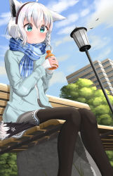 Rule 34 | 1girl, absurdres, ahoge, animal ears, bench, black pantyhose, blue jacket, blue scarf, blush, bottle, cloud, cloudy sky, commentary request, day, earmuffs, fox ears, fox girl, fox tail, green eyes, grey skirt, hair between eyes, highres, holding, holding bottle, hololive, jacket, looking at viewer, melonpan (meron pan3939), outdoors, pantyhose, scarf, shirakami fubuki, sidelocks, sitting, skirt, sky, solo, tail, tree, virtual youtuber, white hair
