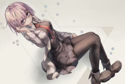 Rule 34 | 1girl, abstract background, adjusting hair, ankle boots, arm at side, arm up, black-framed eyewear, black dress, black pantyhose, blush, boots, breasts, brown footwear, closed mouth, dress, dutch angle, fate/grand order, fate (series), from side, full body, grey jacket, hand in own hair, hand up, huanxiang huifeng, invisible chair, jacket, long sleeves, looking to the side, mash kyrielight, medium breasts, necktie, open clothes, open jacket, pantyhose, pink hair, purple eyes, red necktie, short hair, sitting, solo, track jacket