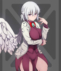 Rule 34 | 1girl, arm under breasts, bow, bowtie, braid, breast hold, breasts, brooch, cowboy shot, feathered wings, jacket, jewelry, kishin sagume, knees, large breasts, long sleeves, looking at viewer, open clothes, open jacket, otoufu (wddkq314band), purple eyes, red bow, red bowtie, shirt, single wing, skirt, solo, thick thighs, thighs, touhou, white hair, white wings, wings