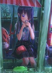 Rule 34 | 1girl, aiuabo, bag, bench, black hair, black skirt, blue bow, blue bowtie, blue nails, blurry, blurry foreground, bow, bowtie, bus stop, can, commentary request, frog, hair over one eye, haniwa (statue), highres, holding, holding can, holding umbrella, long hair, nail polish, original, plaid, plaid skirt, plant, rain, red eyes, school bag, school uniform, shirt, short sleeves, sitting, skirt, solo, towel, umbrella, vending machine, very long hair