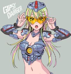 Rule 34 | 1girl, adjusting eyewear, armor, blue nails, breastplate, breasts, cannon, character name, chest cannon, cleavage, detached sleeves, directed-energy weapon, energy, energy cannon, energy weapon, gipsy danger, glasses, green eyes, green hair, headgear, jaeger (pacific rim), legendary pictures, long hair, looking at viewer, medium breasts, multicolored hair, nail polish, navel, nuclear vortex turbine, open mouth, pacific rim, pan pacific defense corps, personification, pink hair, shoulder pads, solo, stomach, two-tone hair, upper body, visor, weapon, yamashita shun&#039;ya