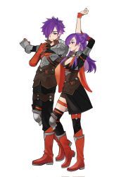 Rule 34 | 1boy, 1girl, armor, artist request, asymmetrical clothes, breasts, cape, choker, cleavage, closed mouth, dual persona, fire emblem, fire emblem: three houses, fire emblem warriors: three hopes, gloves, hair bun, hair over one eye, highres, large breasts, long hair, nintendo, patterned legwear, purple eyes, purple hair, shez (female) (fire emblem), shez (fire emblem), shez (male) (fire emblem), simple background, single hair bun, smile