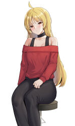 Rule 34 | 1girl, :/, absurdres, ahoge, arm at side, bare shoulders, black choker, black pants, black tank top, blonde hair, blush, bocchi the rock!, breasts, choker, closed mouth, collarbone, commentary request, feet out of frame, hand on own thigh, head tilt, highres, ijichi seika, long hair, long sleeves, looking at viewer, medium breasts, off-shoulder shirt, off shoulder, on stool, pants, ptal, raised eyebrow, red shirt, shirt, shirt tucked in, simple background, sleeves past wrists, solo, stool, tank top, tight clothes, tight pants, very long hair, white background, yellow eyes