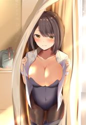 Rule 34 | 1girl, absurdres, azur lane, baltimore (azur lane), blush, breasts, brown eyes, brown hair, brown pantyhose, cleavage, clothes pull, collarbone, collared shirt, curtains, dress shirt, grey leotard, highres, large breasts, leotard, looking at viewer, mattyazuki, open clothes, open shirt, pantyhose, shirt, short hair, short sleeves, skirt, skirt pull, solo, sunlight, thighs, white shirt, window, wrist cuffs