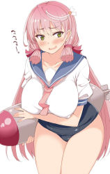 Rule 34 | 1girl, akashi (kancolle), blue sailor collar, breasts, commentary request, cosplay, cowboy shot, green eyes, hair ribbon, i-58 (kancolle), i-58 (kancolle) (cosplay), kantai collection, kusano (torisukerabasu), large breasts, leaning forward, long hair, pink hair, pink neckwear, ribbon, sailor collar, school swimsuit, school uniform, serafuku, solo, swimsuit, swimsuit under clothes, torpedo, translation request, tress ribbon, type 95 torpedo
