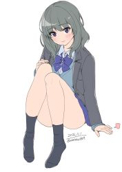 Rule 34 | 1girl, 3:, arm support, blue bow, blue sweater, blush, bow, bowtie, collared shirt, convenient leg, dated, dress shirt, grey hair, highres, loose bowtie, medium hair, original, partially unbuttoned, purple eyes, shirt, signature, simple background, solo, sweater, twitter username, unasaka ryou, upskirt, white background
