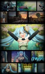 Rule 34 | 1girl, 3boys, aqua eyes, aqua hair, audience, bare shoulders, cityscape, cloud, cloudy sky, collage, comic, commentary, detached sleeves, dress, field, flower, flower field, framed, frilled dress, frills, glowstick, hair ornament, hatsune miku, long hair, looking at viewer, matsuda toki, multiple boys, music, necktie, night, night sky, outdoors, outstretched arms, penlight (glowstick), shirt, singing, sky, sleeveless, sleeveless shirt, stage, star (symbol), sunlight, thighhighs, twilight, twintails, very long hair, vignetting, vocaloid