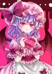 Rule 34 | 1girl, apron, back bow, bat wings, belt, blush, bow, box, breasts, buttons, chocolate, closed mouth, collared dress, commentary request, dress, eyes visible through hair, food, frills, grey apron, hair between eyes, hands up, hat, hat bow, heart, jaku sono, looking at viewer, medium breasts, medium hair, mob cap, pink background, pink belt, pink dress, pink eyes, pink hat, pointy ears, puffy short sleeves, puffy sleeves, purple bow, purple hair, red bow, remilia scarlet, short sleeves, solo, standing, touhou, wings, wrist cuffs