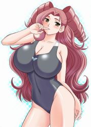 Rule 34 | 1girl, blush, breasts, brown eyes, cleavage, drill hair, finger to mouth, firewarstorm, heroman, huge breasts, long hair, one-piece swimsuit, pink hair, red hair, solo, swimsuit, vera collins, yellow eyes