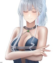 Rule 34 | 1girl, absurdres, ak-12 (girls&#039; frontline), ak-12 (quiet azure) (girls&#039; frontline), artist name, blue dress, breasts, cleavage, closed eyes, closed mouth, cozie178, crossed arms, dress, girls&#039; frontline, grey hair, halter dress, halterneck, highres, large breasts, long hair, medium breasts, official alternate costume, smile, solo, straight-on, upper body, white background