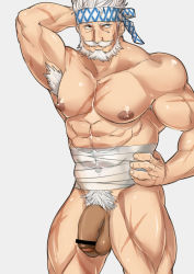 Rule 34 | 1boy, abs, armpit hair, bad id, bad pixiv id, bar censor, bara, beard, bulge, censored, cerberus arts, collarbone, covered abs, covered navel, cowboy shot, facial hair, flaccid, foreskin, fundoshi, granblue fantasy, headband, japanese clothes, large pectorals, male focus, male underwear, mature male, midriff sarashi, muscular, muscular male, mustache, nipples, nude, old, old man, pectorals, penis, sarashi, scar, solo, soriz, thick thighs, thighs, underwear, white male underwear