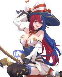 Rule 34 | 1girl, alear (female) (fire emblem), alear (fire emblem), between breasts, blue eyes, blue hair, breasts, broom, broom riding, dress, fire emblem, fire emblem engage, hand on headwear, hand up, hat, heterochromia, highres, long hair, looking at viewer, medium breasts, multicolored hair, nintendo, open mouth, parted lips, red eyes, red hair, ritdelba, ritence, sleeveless, sleeveless dress, smile, solo, thighhighs, tie clip, witch, witch hat