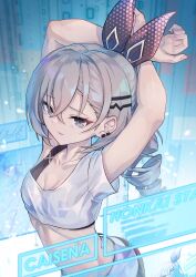 1girl absurdres arms_up artist_name black_shorts caisena copyright_name drill_hair drill_ponytail grey_eyes grey_hair highres honkai:_star_rail honkai_(series) shirt shorts silver_wolf_(honkai:_star_rail) single-shoulder_shirt single_drill solo stomach