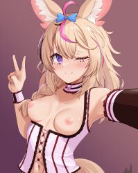 Rule 34 | 1girl, ahoge, alternate costume, animal ear fluff, animal ears, black hair, black sleeves, blonde hair, blue bow, blue nails, blush, bow, braid, breasts, breasts out, camisole, cleavage cutout, closed mouth, clothing cutout, commentary, detached sleeves, english commentary, facial mark, fox ears, fox girl, fox tail, frilled sleeves, frills, gradient background, hair between eyes, hair bow, hair over shoulder, hand up, heart, heart-shaped pupils, highres, hololive, lingerie, long hair, looking at viewer, multicolored hair, multicolored nails, nail polish, navel, nipples, omaru polka, one eye closed, outstretched arm, pink background, pink hair, purple eyes, reaching, reaching towards viewer, red nails, selfie, side braid, simple background, single braid, small breasts, smile, solo, streaked hair, symbol-shaped pupils, tail, telomere, underwear, upper body, v, variant set, virtual youtuber, white camisole